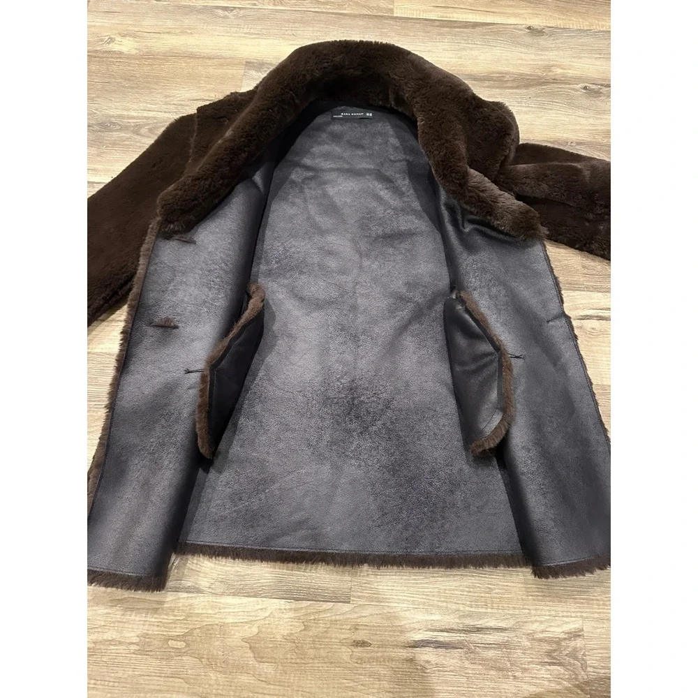 ZARA WOMAN Brown Faux Fur‎ Coat Jacket Button Front Collared Outerwear size XS